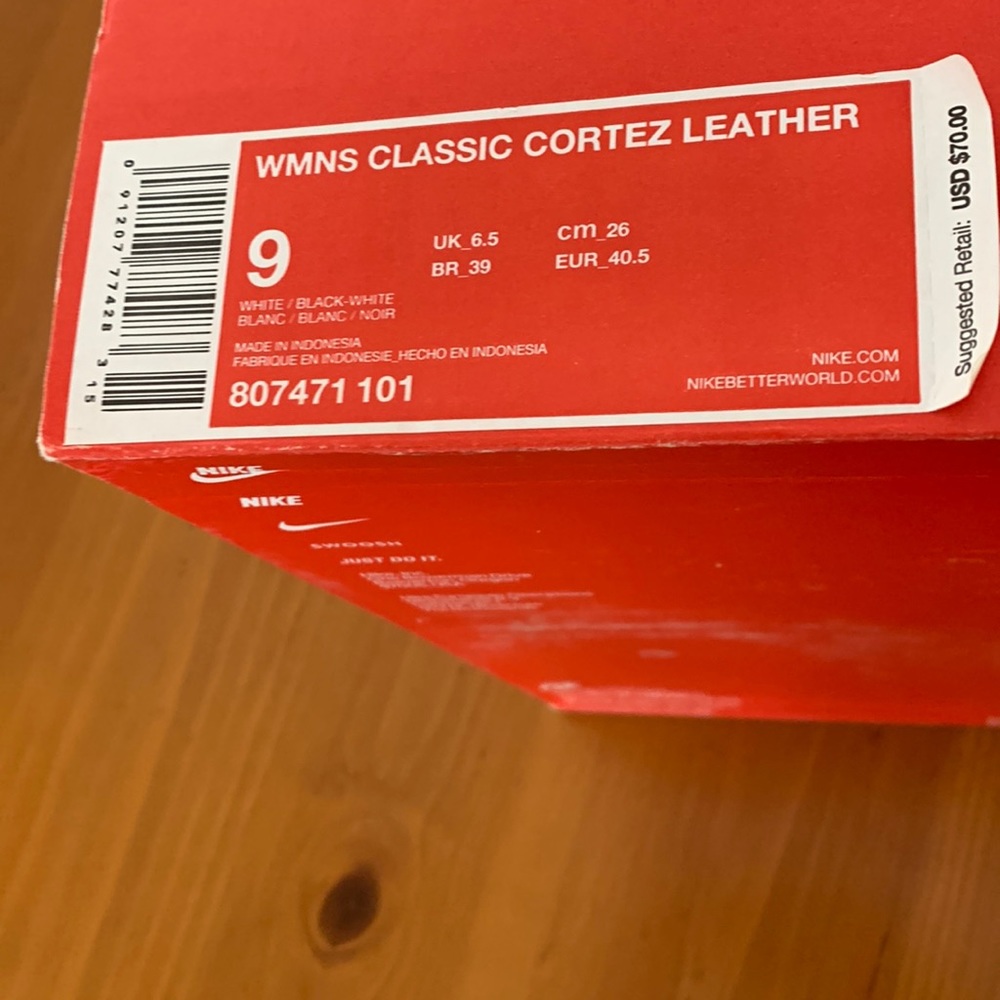 White Leather Cortez with Black Swoosh in Original Box. Worn Once.